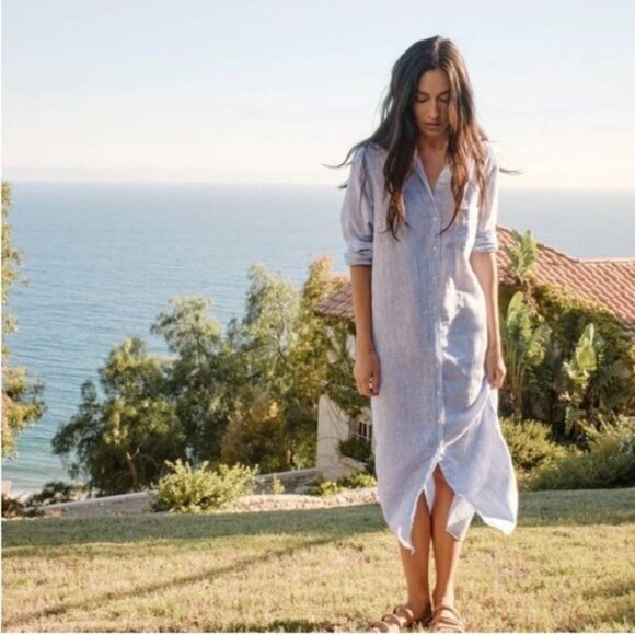 H&M CRÊPED BLUE AND WHITE STRIPED SHIRT DRESS XLARGE - Picture 2 of 10